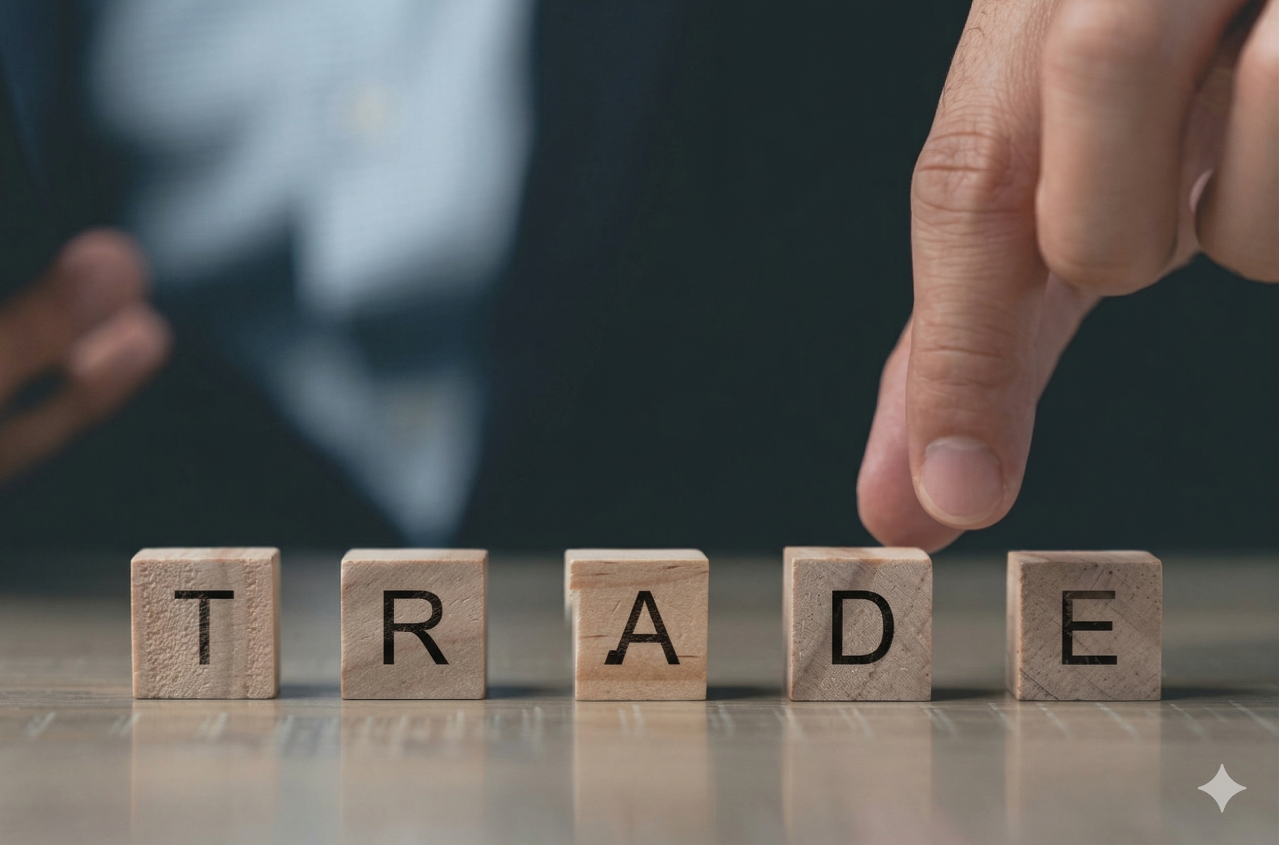 A close-up photograph shows five wooden blocks on a grey table spelling out 'TRADE', as a hand with an outstretched finger, is about to push the final 'E' block.