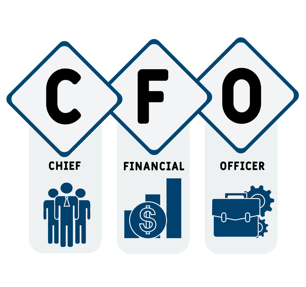 Graphic representation of CFO: Chief Financial Officer, featuring icons of team leadership, financial growth, and operations management.